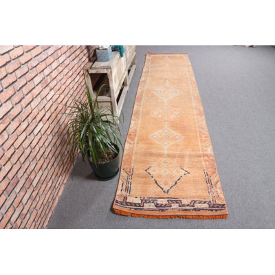 Vibrant Orange Vintage Herki Runner Featuring Muted Turkish And Anatolian Designs Ideal For Stairs And Corridors Handcrafted From Wool