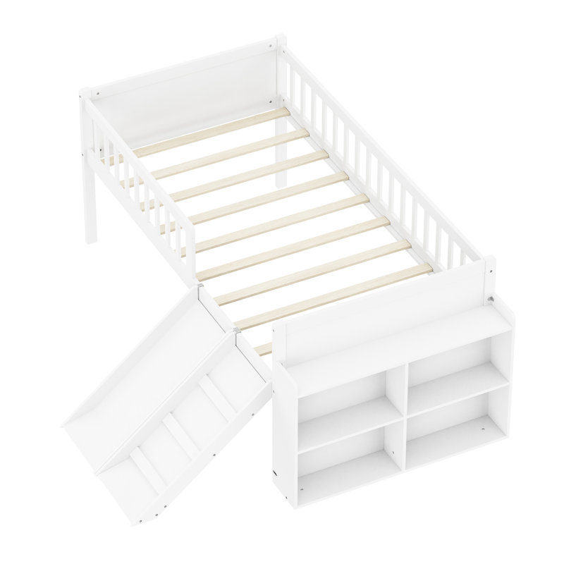 Lit mezzanine simple simple avec tablettes de rangement, glissade et échelle d'escalade, Twin, Blanc