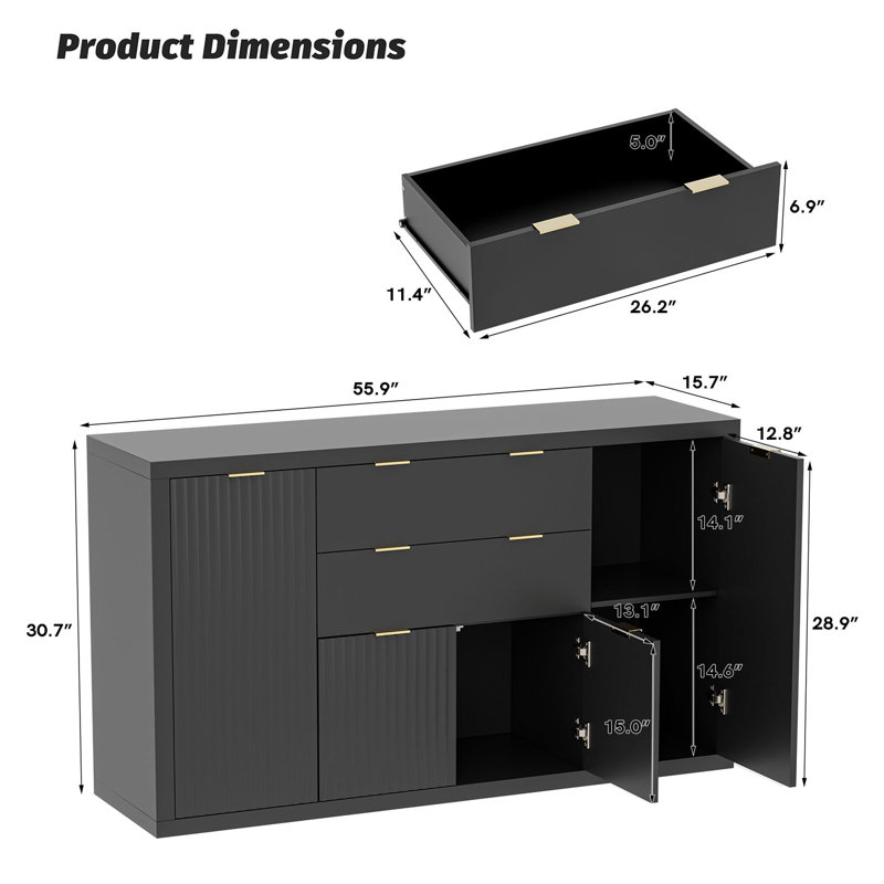 56” W Sideboard Buffet with 2 Drawers, Storage Cabinets, Buffet Table with Adjustable Shelves, Black