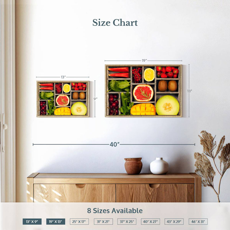 Bento légumes et fruits, 19 po x 13 po, Cadre flottant en bois naturel
