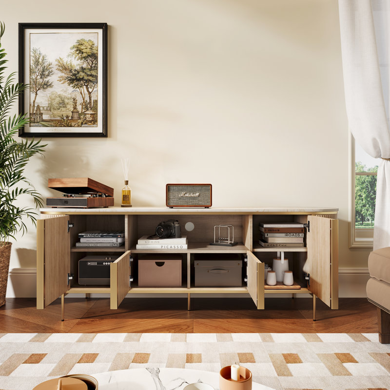 70" Luxury Fluted TV Stand with Faux Marble Top for TVs Up to 80", Natural Oak