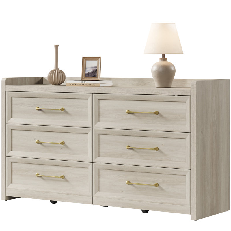 Commode double 6 tiroirs l 56,4 po avec poignées en métal doré, Gris / gris / chêne blanc