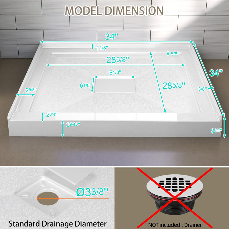 34" W × 34" D Acrylic Shower Base Single Threshold for Alcove Installation with Rectangular Drain Cover