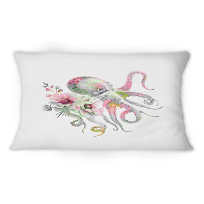 Pieuvre avec un bouquet de fleurs délicates - Coussin décoratif imprimé nautique et côtier 12 po x 20 po