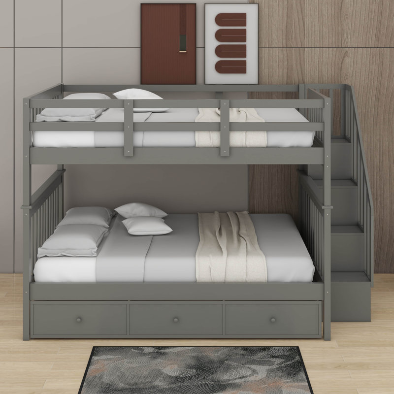Lit superposé avec tiroirs et escaliers, structure de lit superposé avec tablettes de rangement, lit superposé en bois, Gris