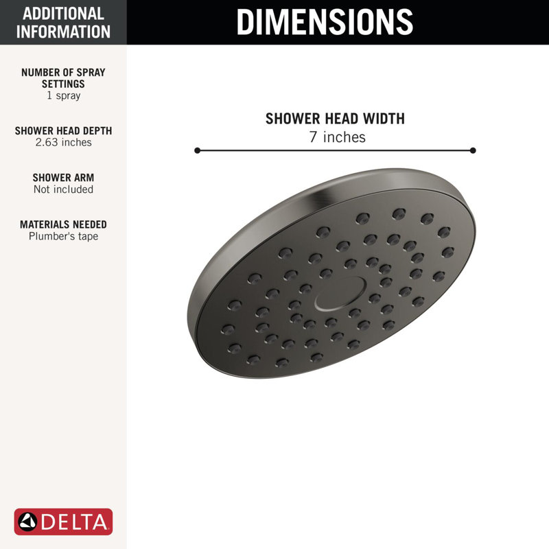 PivotPro Rain Showerhead, Single Setting 7 Inch Round Shower Head 2.5 GPM Black Stainless, Lumicoat® Black Stainless