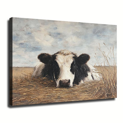 Vache au repos dans un champ de foin, ferme rustique, peinture à l'huile sur toile tendue pour grand salon