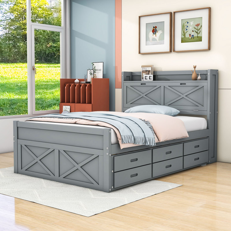 Lit plateforme à 3 tiroirs en bois avec tête de lit et lit gigogne, gris, Double