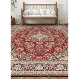 Hand Knotted Wool Oriental Area Rug in Red And Navy