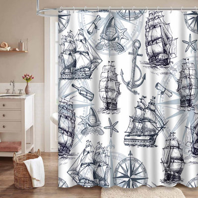 Waterproof Sailing Ship Compass Bath Vintage Marine Shower Curtain with 12 Hooks