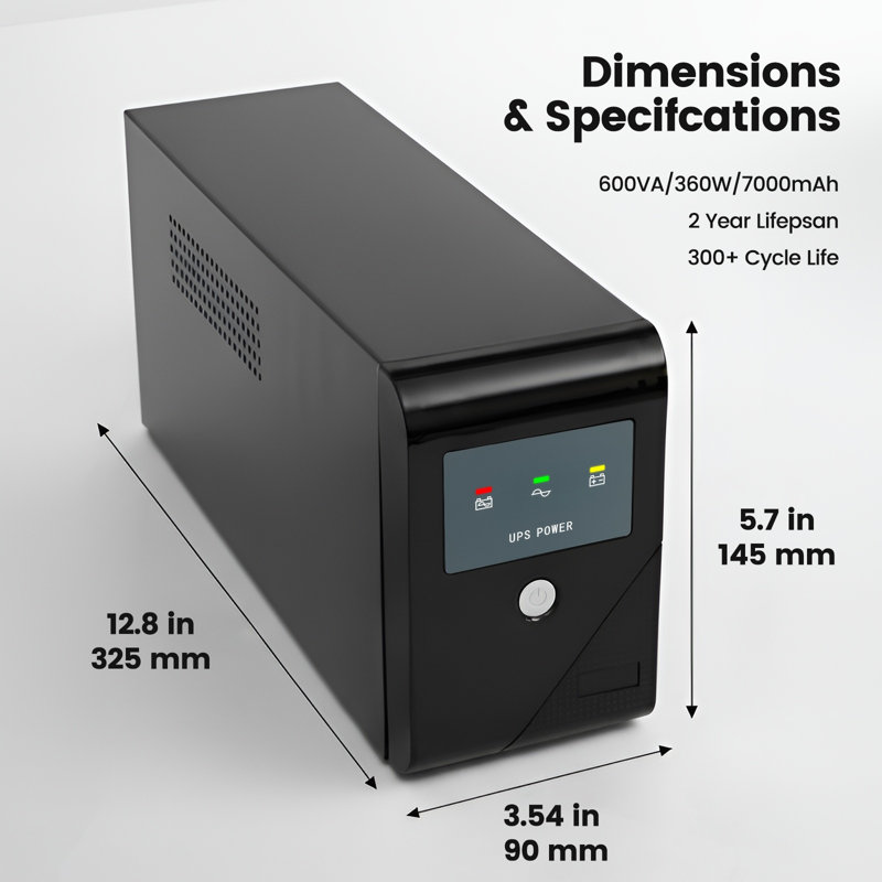 Onduleur de secours 600 VA, 360 W, avec 3 prises, idéal pour la maison et le bureau.