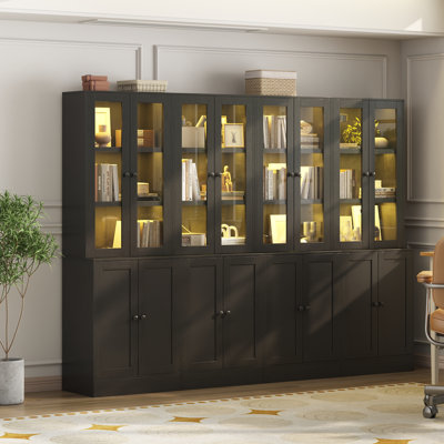 71"H Tall Bookcase Cabinet with Glass Doors, LED Lights & Power Outlet, Large Storage Display Shelf for Living Room Bedroom