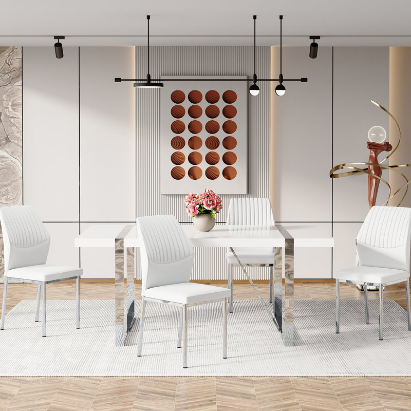 Modern Dining Room Chair Set, 4, White, Silver