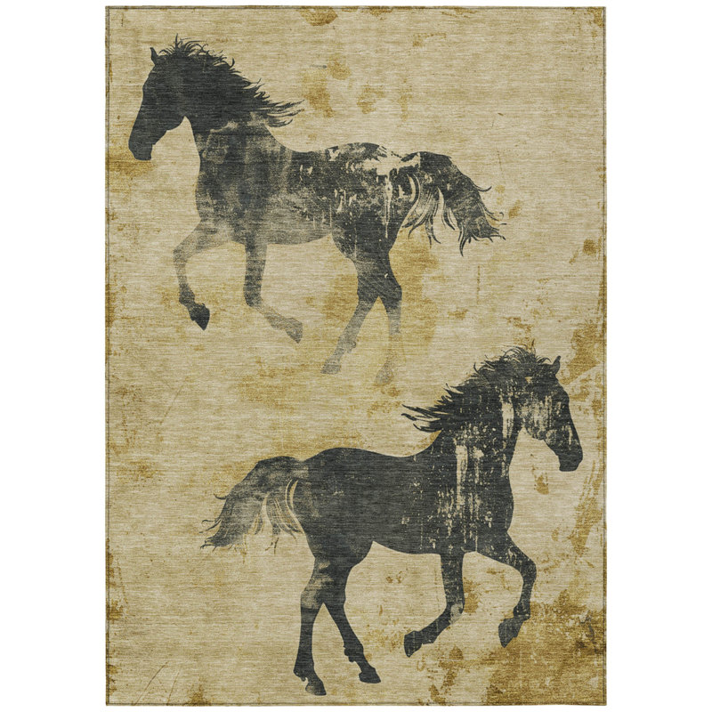 3' X 5' Gold And Charcoal Horse Washable Indoor Outdoor Area Rug