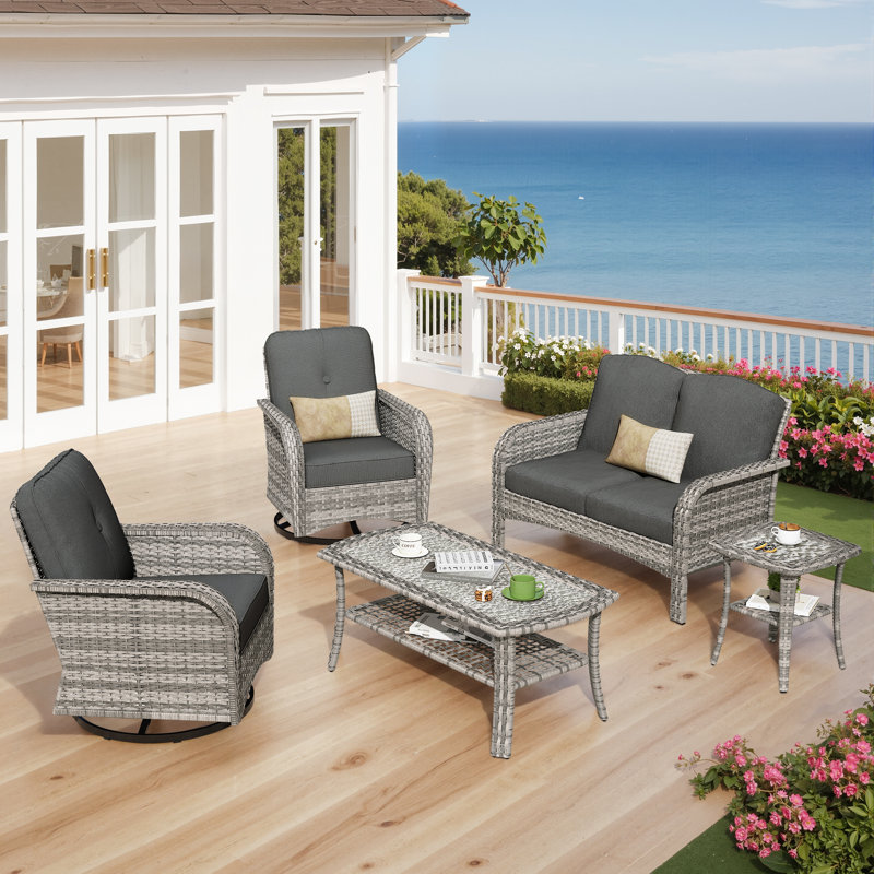 5 Pieces Patio Furniture Set, Outdoor Wicker Sofa With Swivel Chairs, Coffee Table, All Weather High Back Rattan Loveseat Couch With Comfy Cushions