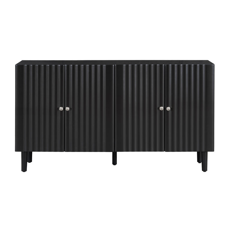 Buffet élégant à quatre portes, portes à motif ondulé, pieds cylindriques, poignées en métal, rangement réglable pour le salon, le vestibule, le bureau