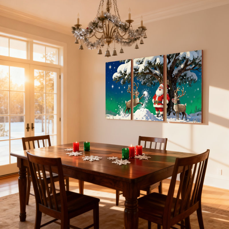 Noël, père Noël, renne, forêt enneigée, nuit, étoiles, ensemble de 3 impressions sur toile, H 30 po x l 60 po