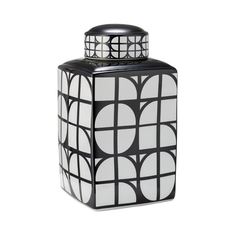 Geometric Ceramic Table Jar with Lid for Home Decor - Decorative Patterned Tall Jar for Shelf Styling, Console Display, and Tabletop Accent