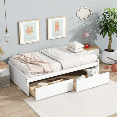 Twin Bed With 2 Drawers, Rubber Wood, White, Simple Design, Spacious Drawer Storage Size Solid Space - Saving Comfortable Sleep