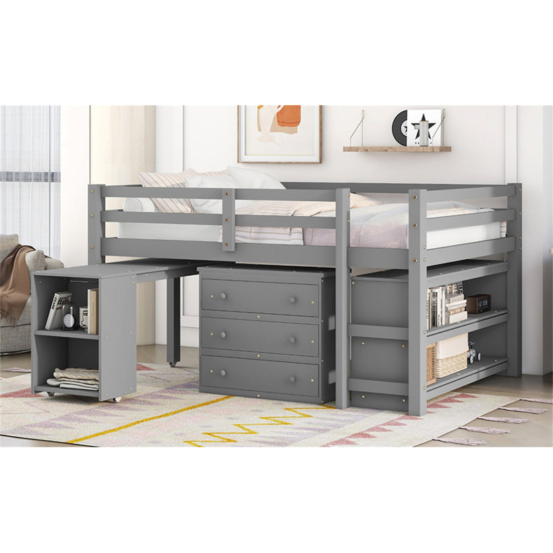 Lit mezzanine double bas avec cabinet, tablettes et bureau portatif à roulettes, lit multifonctionnel