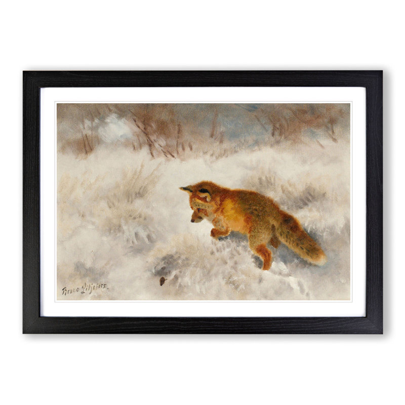 Fox in the Snow Vol.2 by Bruno Liljefors - Picture Frame Painting, 48cm H x 65cm W x 2cm D, Black Framed