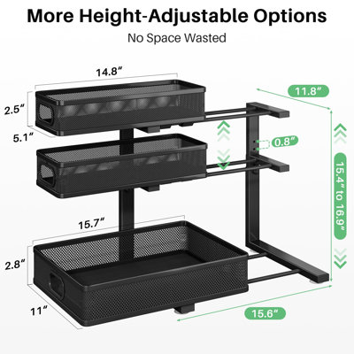 Under Sink Organizer, 3-Tier Height Adjustable Thickened Metal Pull out Cabinet Organizer Shelf, Slide out Storage Drawer Rack for Bathroom Kitchen Pantry Home Laundry Organization, 2-Pack, (Black)