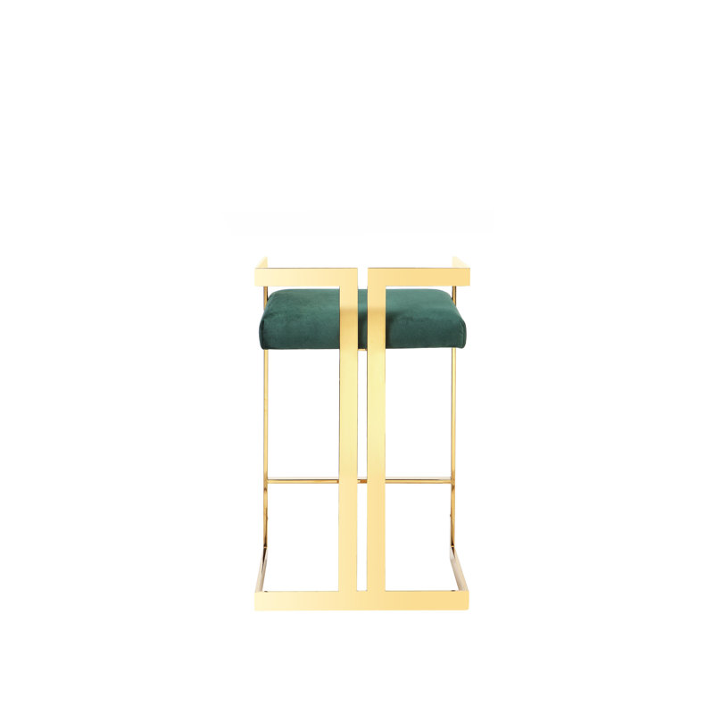 Upholstered Counter Stool with Metal Frame, Gold, Green Velvet