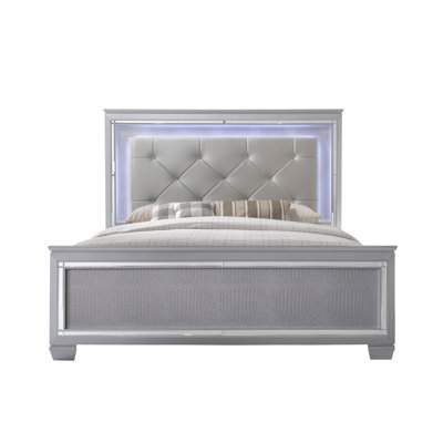 1Pc Modern Queen LED Faux Leather Upholstered Panel Bed With Beveled Mirror Accents And Textured Footboard For A Stylish Bedroom Upgrade