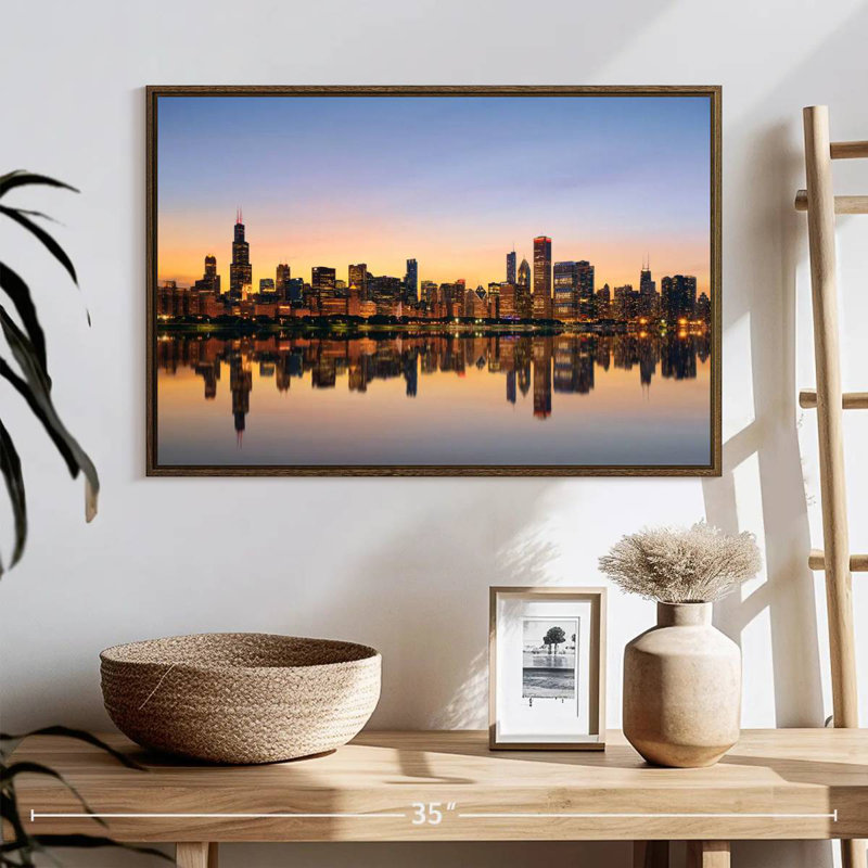 Chicago, reflet de l'horizon, 25 po x 17 po, Cadre flottant noyer