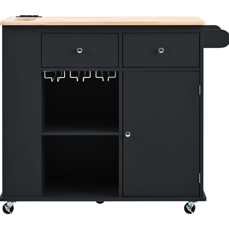 Îlot de cuisine avec prise électrique et rallonge pliable. Noir Porte-bouteilles, rangement latéral. Tablette extensible facile à entretenir, compartiment, look moderne