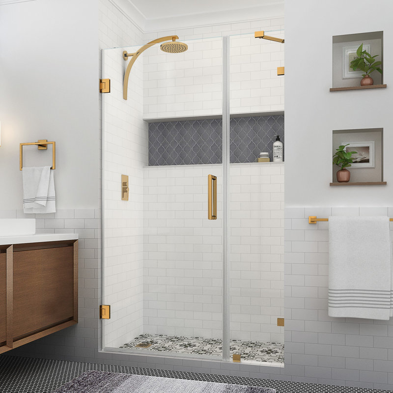 Nautis XL 44.25 - 45.25 in. W x 80 in. H Hinged Frameless Shower Door with Clear StarCast Glass, Brushed Gold