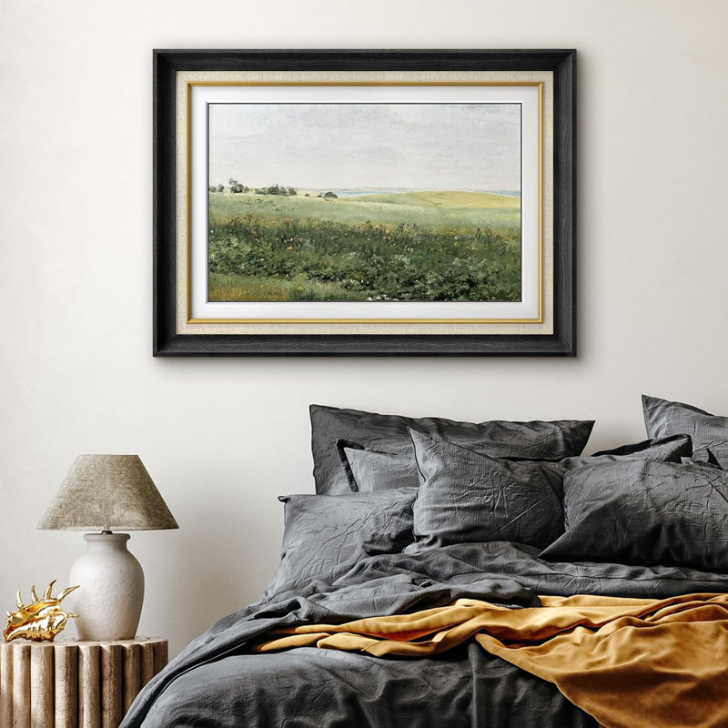 Rustic Countryside Green Meadow Hillside avec plantes et fleurs, impression sur papier, Cadre noir, Pas de tapis