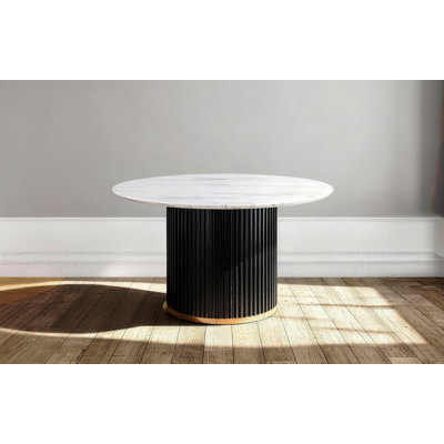 46 Inch Round Faux Marble Dining Table, Black Wave Metal Base with Gold Decoration - Accommodates 4 People for Kitchen and Dining Room