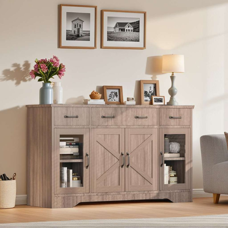 55" Sideboard Buffet Cabinet With 3 Drawers And 2 Glass Doors, Gray