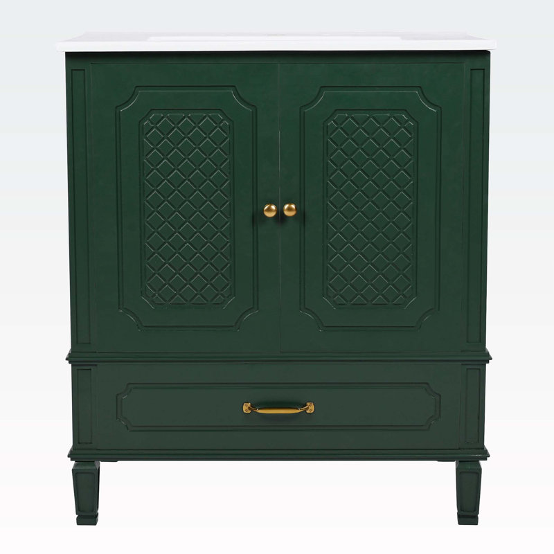 Meuble-lavabo de style rétro avec lavabo, espace de rangement multifonctionnel, Vert foncé