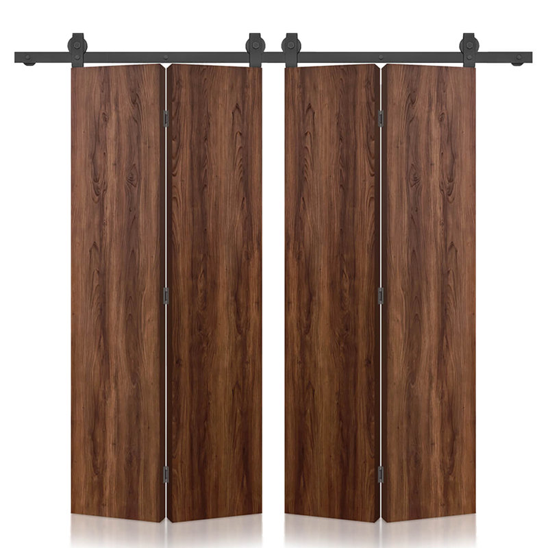 Hollow Core Walnut Composite Texture Double Bi-Fold Door with Sliding Barn Door Hardware Kit, 64" x 90"
