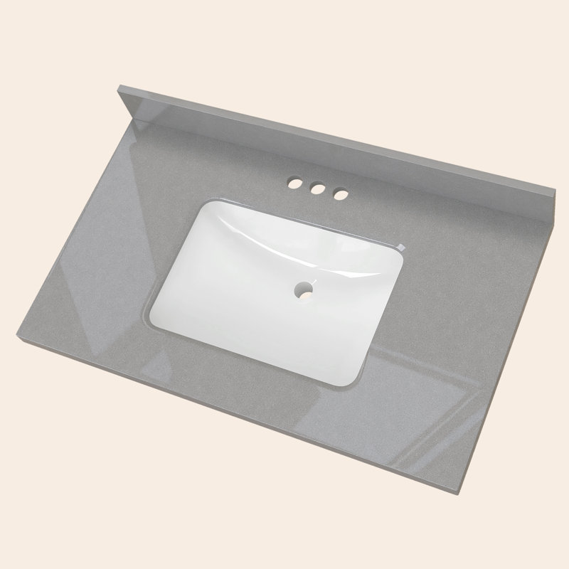 Comptoir de meuble-lavabo à montage sur plan simple l 30 po x P 22 po avec dosseret intégré de 4 po, 5 trous de robinet (3 pré-percés + 2 évidements), pierre d'ingénierie, gris