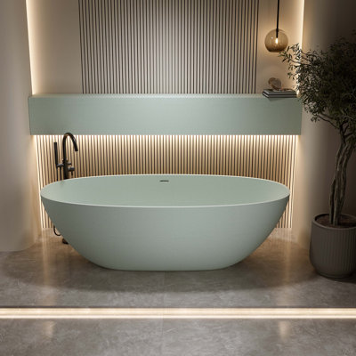 Solid Surface Matte Tub, Solid Surface Soaking Tub, Stone Resin Freestanding Bathtub, Thick Edge Stand Alone Tubs With Overflow, Pop-Up Drain, Matte White (Oval)
