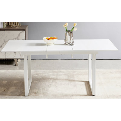 White Color,Square Extendable Dining Table With Metal Leg,Modern Space Saving Kitchen Table
