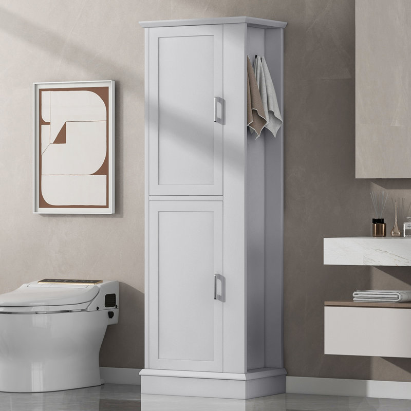 Grande armoire de rangement de salle de bain grise haute, tour à linge autoportante de 68 pouces avec tablettes réglables et crochet utilitaire