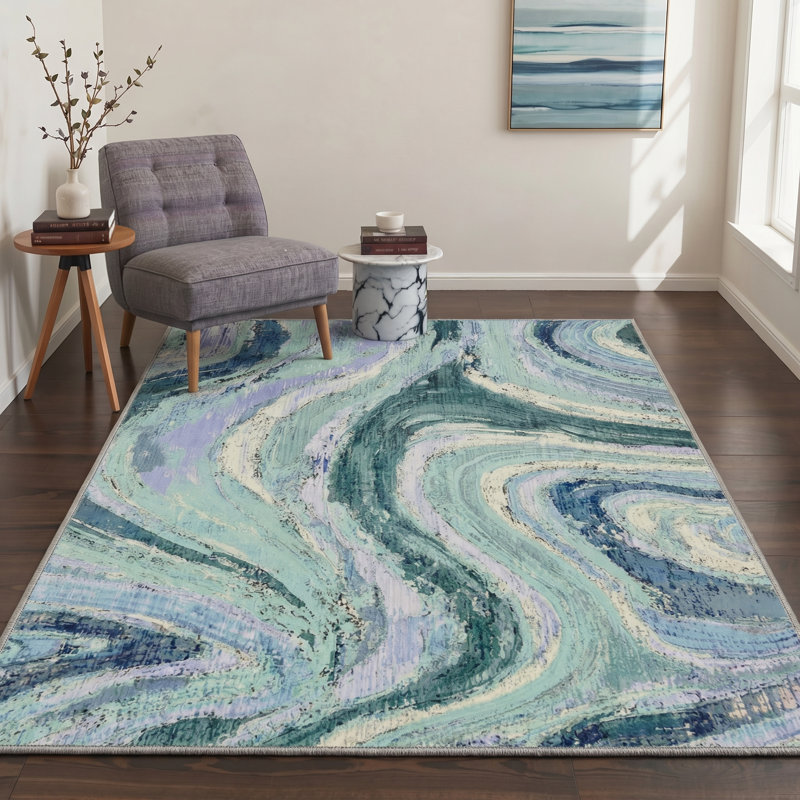 Tonicka Vortex Abstract Machine Washable Blue / Purple / Beige Indoor Area Rug with Non-Slip Backing, Rectangle 5' x 7'