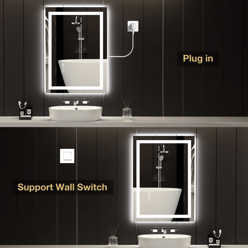 Rectangular Frameless Anti-Fog LED Light Wall Bathroom Vanity Mirror, 20" x 28"