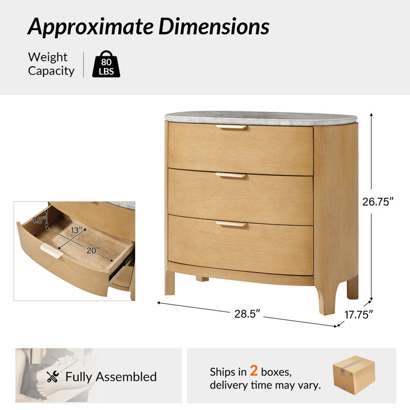 Burdine Giselle Modern 28" W 3 Drawer Solid Wood Nightstand with Marble Top and Oak Veneer, Natural