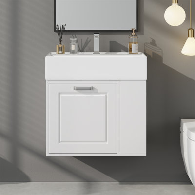 22" Wall-Mounted Bathroom Single Vanity with Ceramic Sink, Soft-Close Drawer and Side Adjustale Shelf
