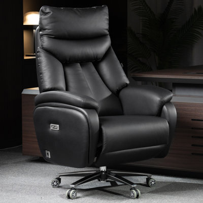 Kinnls Coast Power Office Recliner Chair, Big and Tall Executive Office Chair Fully Reclining Modern Ergonomic Genuine Leather Desk Chair with Arms (Black-Dual Motor)
