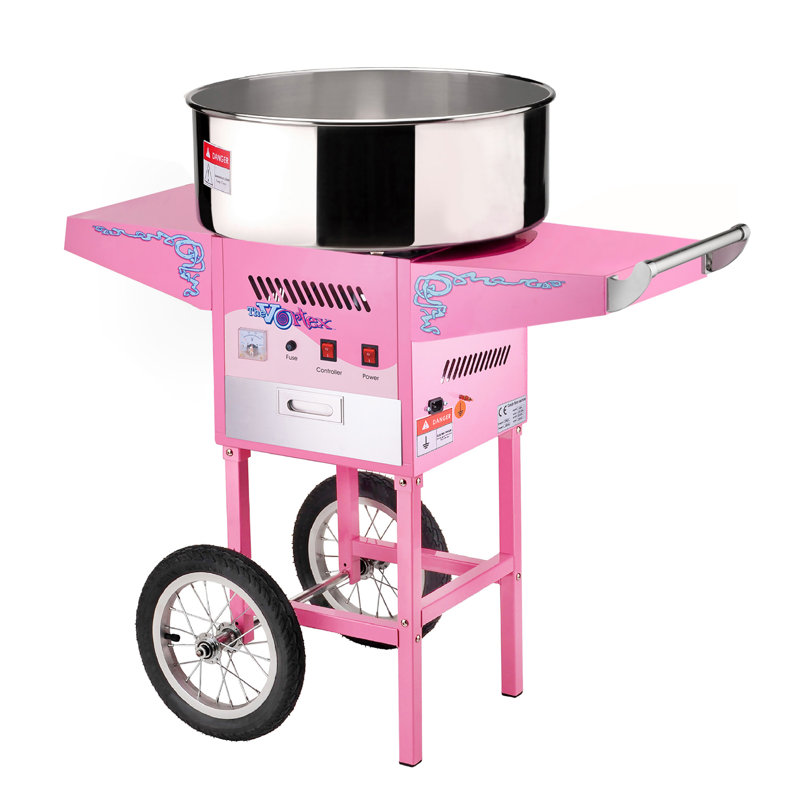Cotton Candy Machine with Cart - Vortex Candy Maker with Stainless-Steel Pan, 2 Side Trays, and 13-inch Wheels by Great Northern Popcorn (Pink)