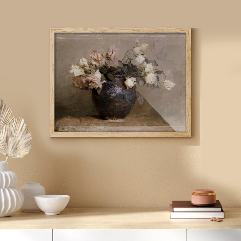 "Bouquet de roses blanches dans un vase" sur papier, Naturel, H 12 po x l 16 po