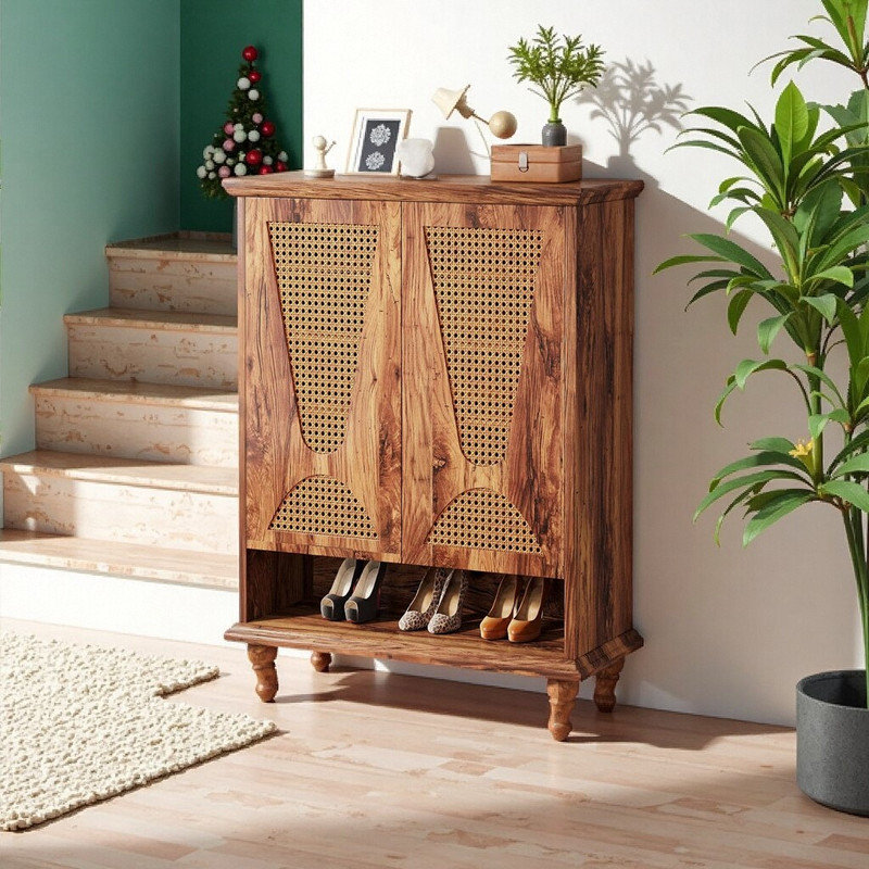 Armoire à chaussures ventilée 29,53 po à 5 niveaux en rotin et bois avec rangement de comptoir de 350 lb