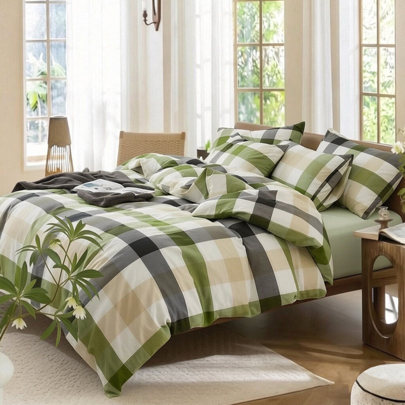 Ensemble de housse de couette à carreaux verts XINMIANFANG, ensemble de literie à carreaux 100% coton délavé avec fermeture à glissière et attaches