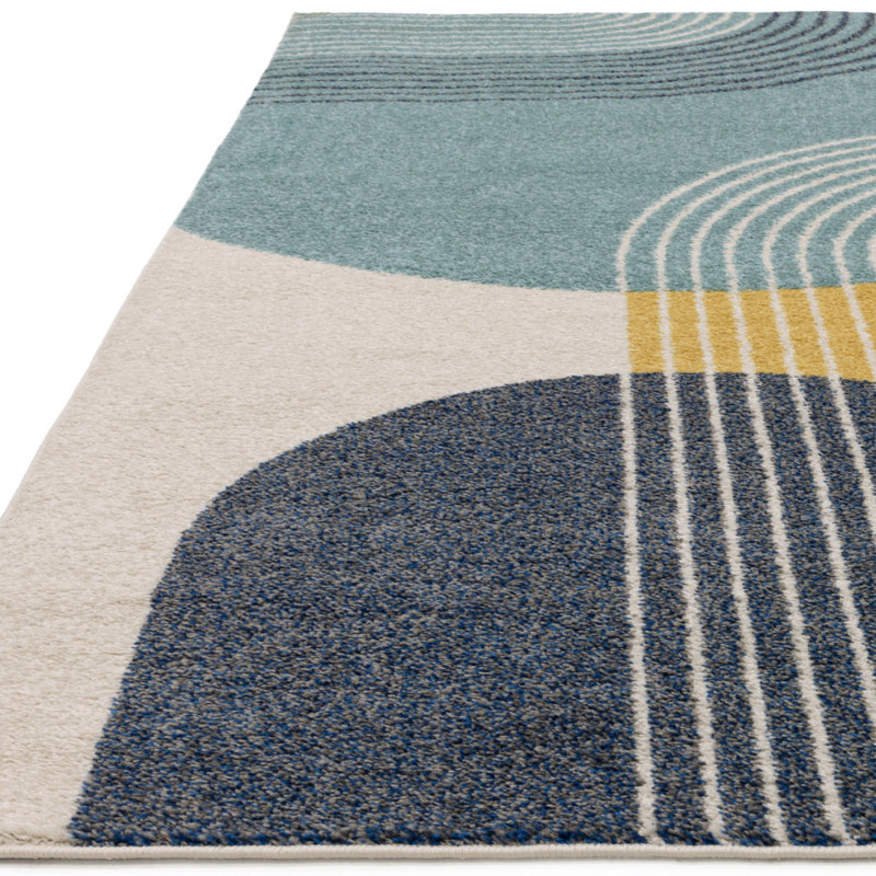 Blue Funky Modern Easy To Clean Abstract Rug For Dining Room, Rectangle 80 x 150cm, Chenille/Cotton